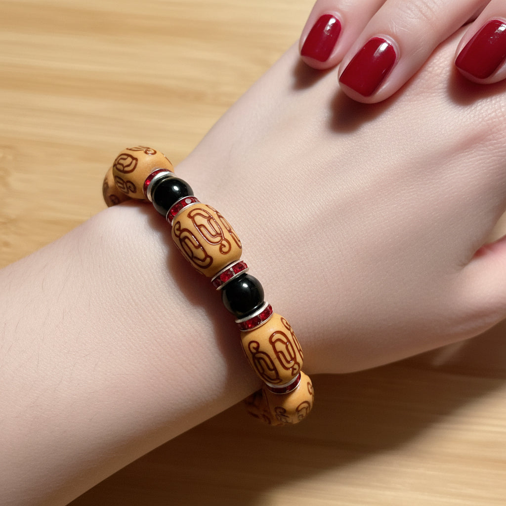 Light Enshrined Wood & Black Glass Bead Bracelet