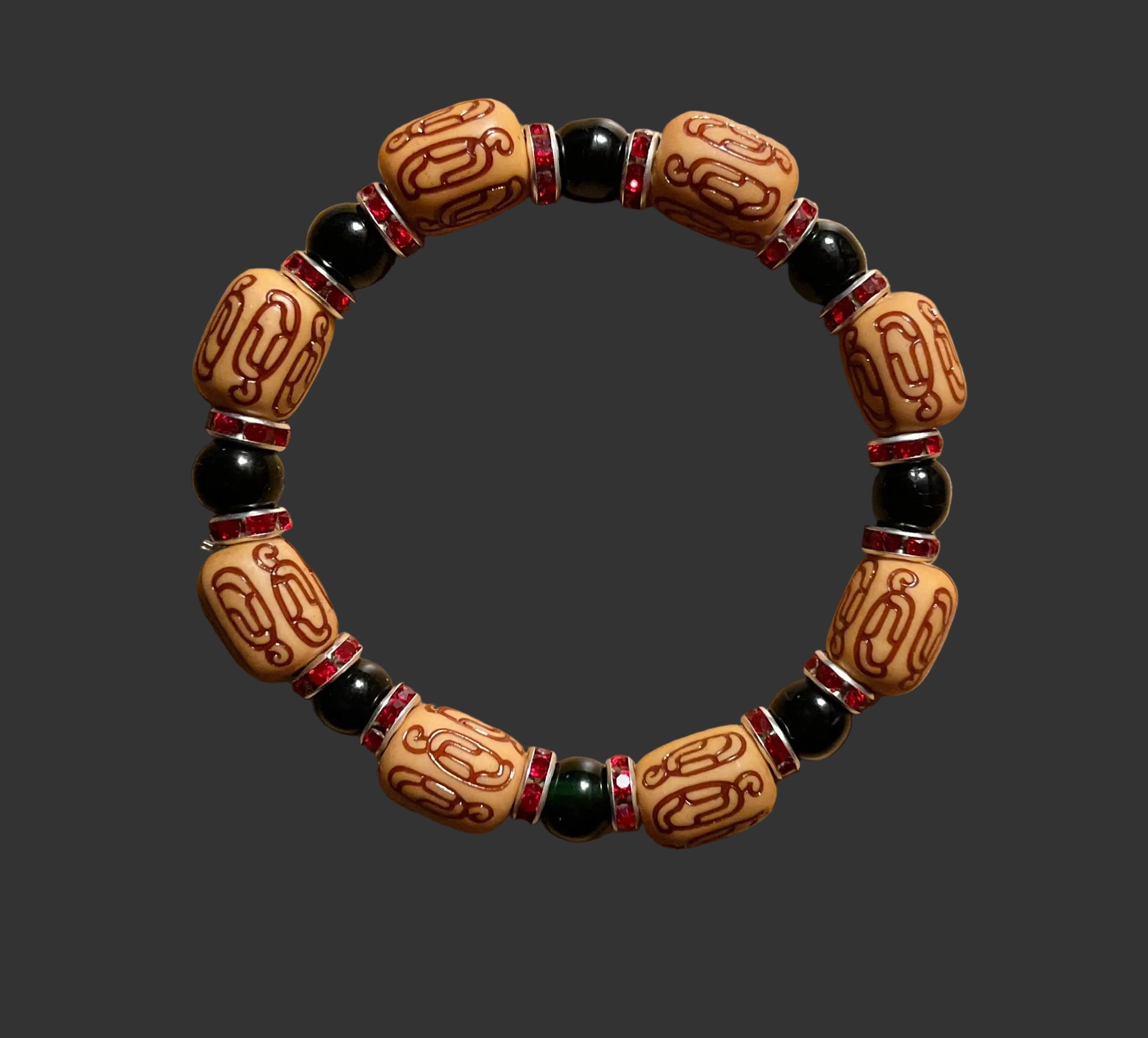 Light Enshrined Wood & Black Glass Bead Bracelet