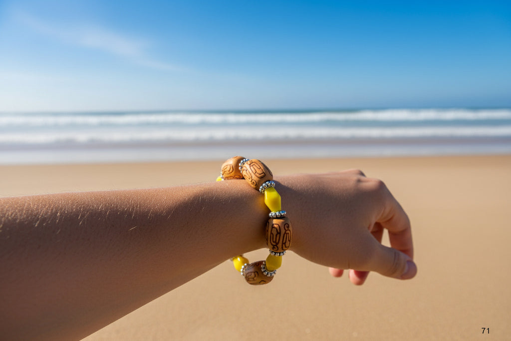 Sunlit Grove Engraved Wood & Yellow Glass Bead Bracelet