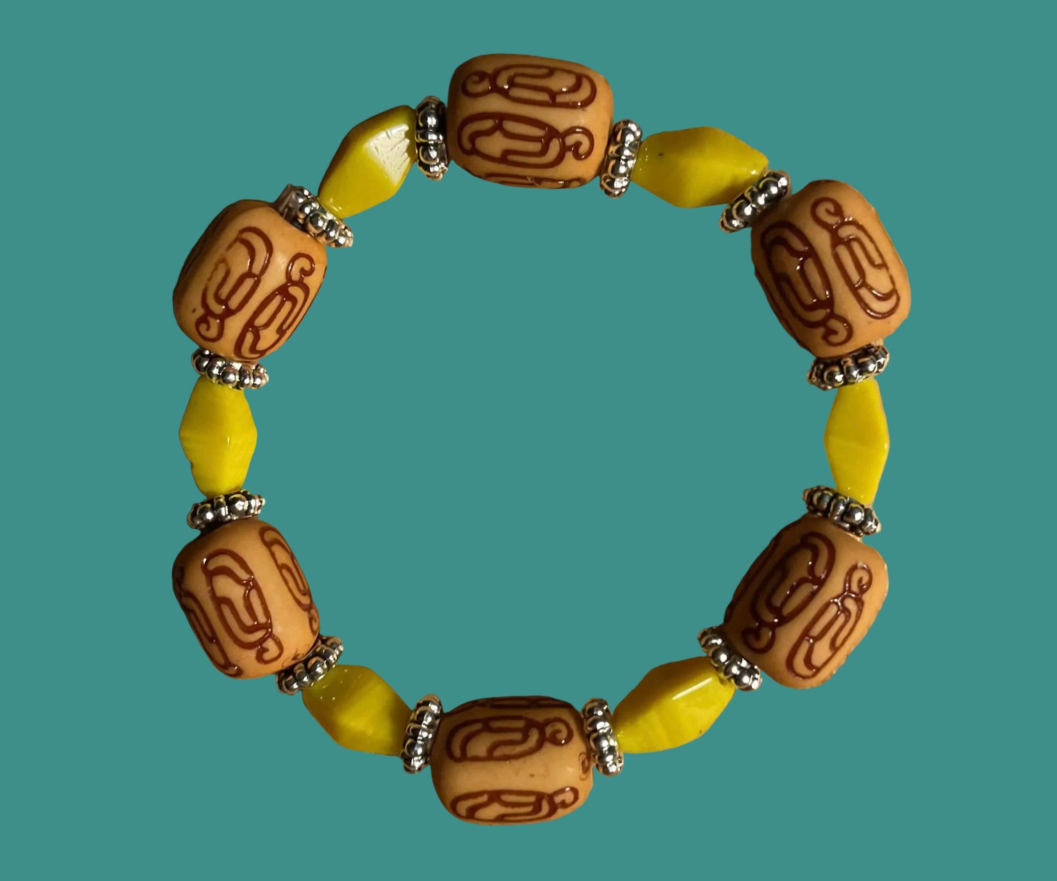Sunlit Grove Engraved Wood & Yellow Glass Bead Bracelet