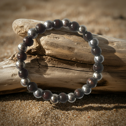Alternating Dark Wood & Silver Bead Bracelet