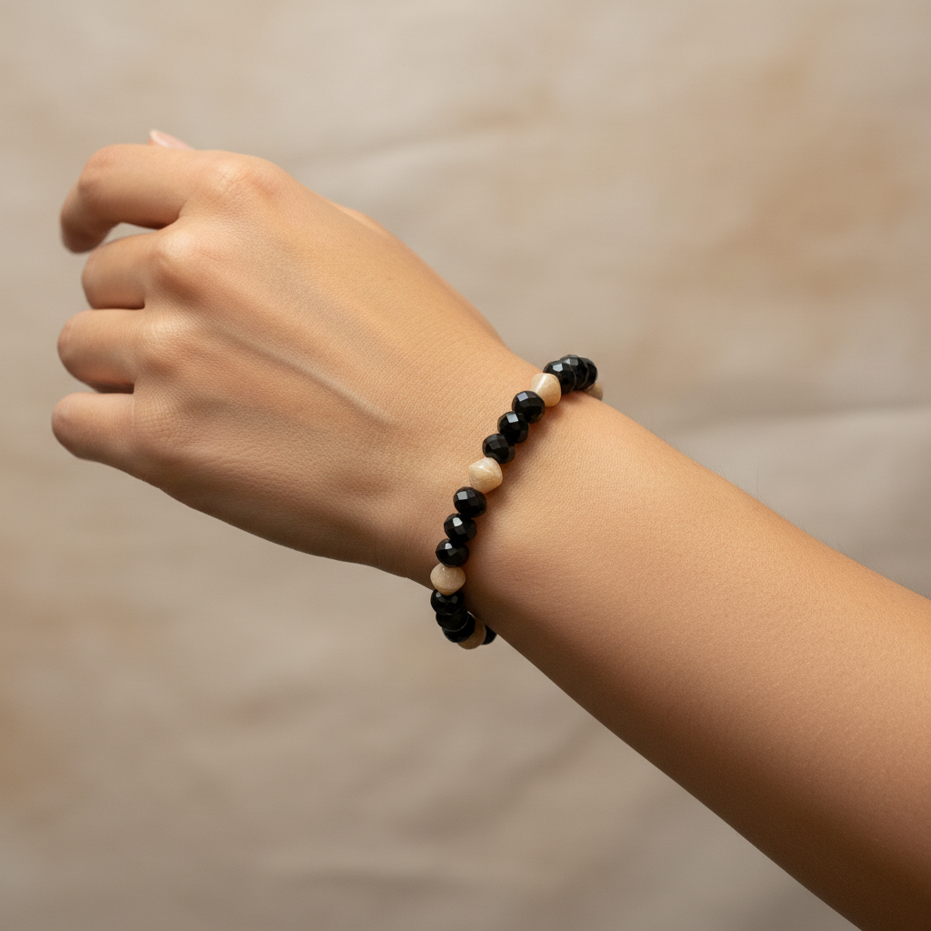 Black & Beige Glass Bead Slip-On Bracelet