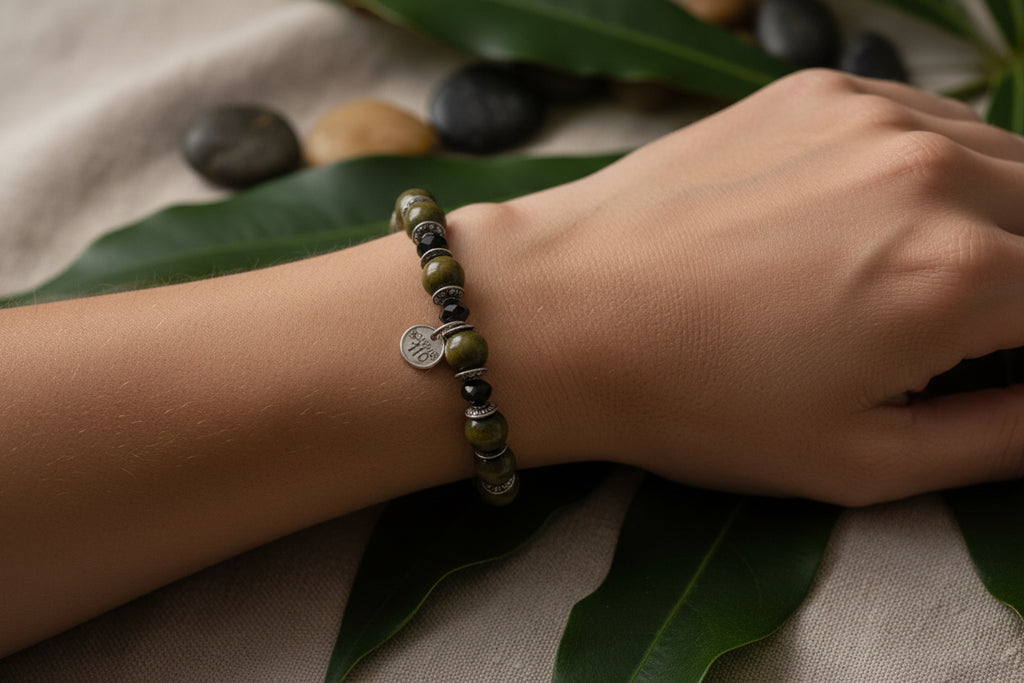 Pea Green Wood & Black Glass Beaded Bracelet with Silver Spacers